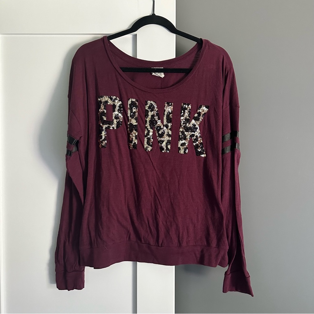 PINK Victoria's Secret Bling Leopard T-Shirt Burgundy